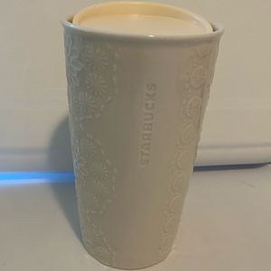 STARBUCKS White Floral Bridal Lace Embossed Double Wall Ceramic Tumblr 10 oz